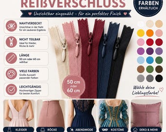 Nahtverdeckter Reißverschluss 50–60 cm | nicht teilbar | Verdeckter Zipper für Kleider, Röcke, Abendmode | Stärke #3