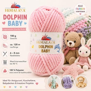 Può includere: Un gomitolo di filato ciniglia rosa chiaro con un'etichetta che riporta la scritta Himalaya Dolphin Baby. L'etichetta mostra specifiche tecniche tra cui 100 grammi, 120 metri, ferri da 6-8 mm, lavaggio a 40 gradi Celsius e 100 per cento poliestere.