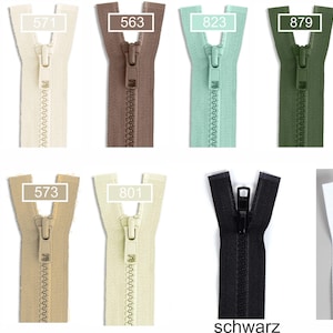 May include: A collection of eleven plastic zippers in various colors including beige, brown, mint green, olive, dark green, black, and white. Each zipper features a matching pull tab and a numbered label, with the black and white zippers labeled schwarz and wei&szlig;.