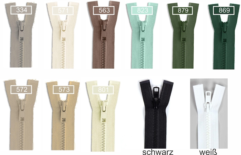 May include: A collection of eleven plastic zippers in various colors including beige, brown, mint green, olive, dark green, black, and white. Each zipper features a matching pull tab and a numbered label, with the black and white zippers labeled schwarz and wei&szlig;.