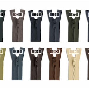 May include: A collection of twelve plastic zippers arranged in two rows, each featuring a unique color and a white rectangular label with a black number: 015, 034, 158, 168, 173, 196, 108, 319, 916, 900, 180, and 868. The zippers have matching sliders.