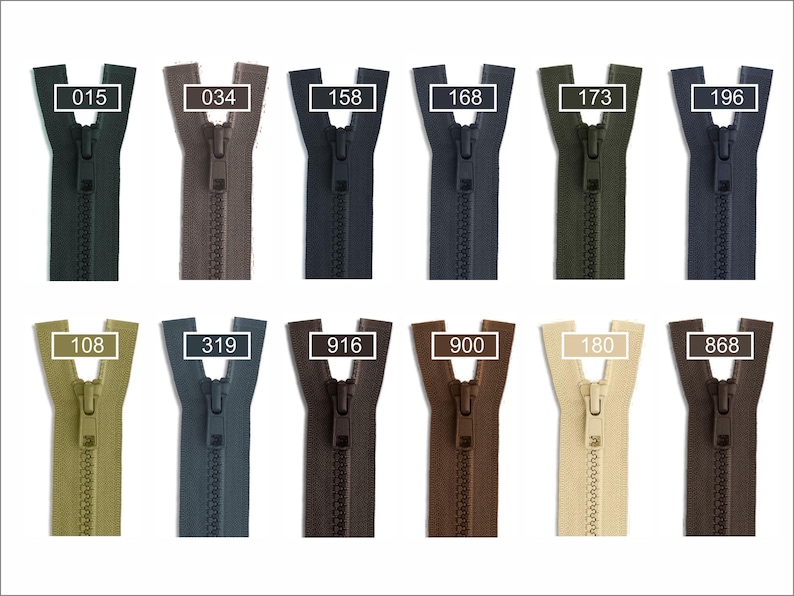 May include: A collection of twelve plastic zippers arranged in two rows, each featuring a unique color and a white rectangular label with a black number: 015, 034, 158, 168, 173, 196, 108, 319, 916, 900, 180, and 868. The zippers have matching sliders.