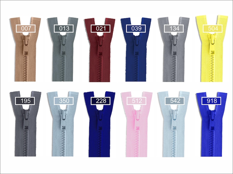 May include: A collection of twelve plastic zippers in various colors, each labeled with a numerical code: 007, 013, 021, 039, 134, 504, 195, 350, 228, 512, 542, and 918. The zippers are arranged in two rows, featuring shades of beige, gray, burgundy, blue, yellow, pink, and light blue.