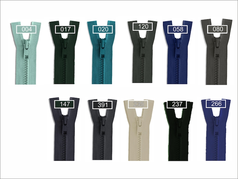 May include: A collection of eleven plastic zippers in various colors, including light green, dark green, teal, grey, blue, black, navy, and beige. Each zipper features a matching pull tab and a rectangular label with a numerical code: 004, 017, 020, 120, 058, 080, 147, 391, 235, 237, and 266.
