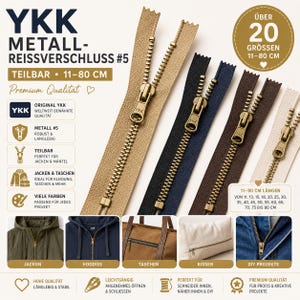 Könnte beinhalten: Vier YKK #5 Metallreißverschlüsse in Beige, Schwarz, Dunkelbraun und Cremeweiß mit messingfarbenen Schiebern und Zähnen. Das Bild enthält Text zu Größen von 11 bis 80 cm und zeigt Anwendungsbeispiele wie Jacken, Hoodies, Taschen und Kissen.