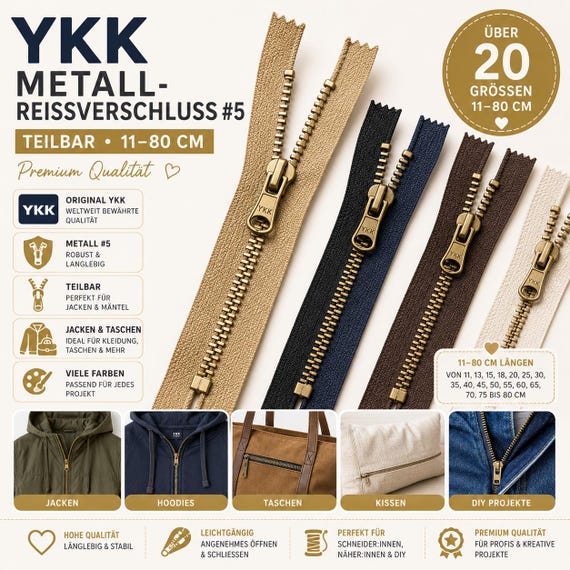 YKK Metall Reißverschluss teilbar #5 11-80 cm Original YKK Jackenreißverschluss für Jacken Taschen Hoodie Mantel verschiedene Farben