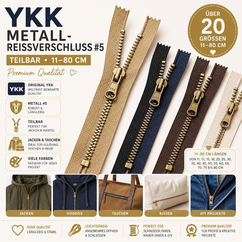K&ouml;nnte beinhalten: Vier YKK #5 Metallrei&szlig;verschl&uuml;sse in Beige, Schwarz, Dunkelbraun und Cremewei&szlig; mit messingfarbenen Schiebern und Z&auml;hnen. Das Bild enth&auml;lt Text zu Gr&ouml;&szlig;en von 11 bis 80 cm und zeigt Anwendungsbeispiele wie Jacken, Hoodies, Taschen und Kissen.
