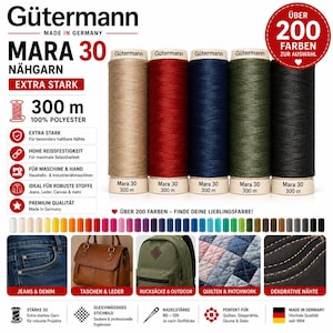 Hilo de coser Gütermann Mara 30, 300 m de hilo de poliéster extrafuerte para vaqueros, bolsos, cuero, decoración y acolchado.