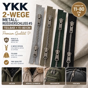 Puede incluir: Cuatro cremalleras metálicas de dos vías YKK en gris, oliva, verde oscuro y negro. Cada cremallera tiene dos deslizadores y está disponible en longitudes de 11 a 80 cm. La imagen incluye texto y fotos de chaquetas, abrigos, mochilas y bolsos.