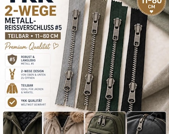 May include: Four YKK two-way metal zippers in gray, olive, dark green, and black. Each zipper features two sliders and is available in lengths from 11 to 80 inches. The image includes text labels and small photos showing the zippers on jackets, coats, and bags.
