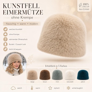 Op de afbeelding: Een beige imitatiebont emmerhoed met een zacht, getextureerd oppervlak en een afgeronde kroon. De hoed wordt getoond in een cirkelvormige inzet en als onderdeel van een kleurenpalet met bruin, mint, natuurwit en petrol.