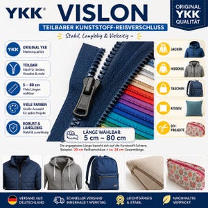 Könnte beinhalten: Ein teilbarer YKK Vislon Kunststoff-Reißverschluss mit dunkelblauem Schieber und Zähnen, dargestellt neben einer Farbpalette verschiedener Reißverschlussbänder. Das Bild enthält Text zu Längen von 5 cm bis 80 cm sowie Beispiele für Jacken, Hoodies, Taschen, Kissen und Etuis.