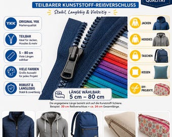 YKK Vislon Reißverschluss Teilbar | Kunststoff Reißverschluss für Jacken Taschen Kissen | Viele Farben und Längen 5–80 cm