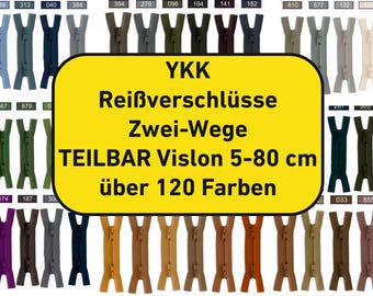 2-way Vislon plastic YKK zipper #5 separable. Many colors & lengths. Robust plastic zipper for jackets, coats, and much more.