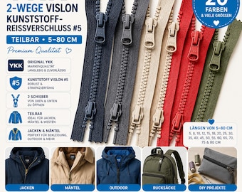 YKK 2 Wege Vislon Reißverschluss teilbar #5 5-80 cm Kunststoff Zipper für Jacken Mantel Outdoor viele Farben
