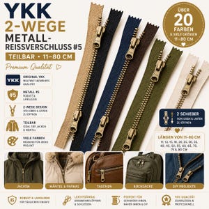 Könnte beinhalten: Vier YKK 2-Wege-Metallreißverschlüsse in Beige, Marineblau, Olivgrün und Creme, jeweils mit zwei Schiebern. Das Bild enthält Text zur Metallgröße #5, Längen von 11-80 cm und Anwendungen für Jacken, Mäntel, Taschen und Rucksäcke.