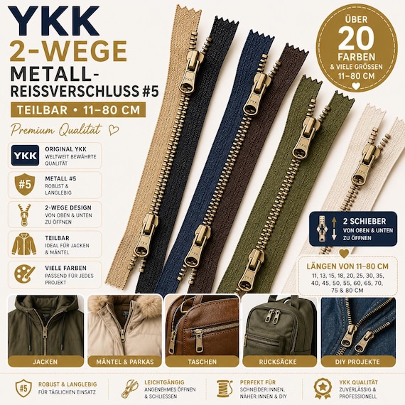 YKK 2 Wege Metall Reißverschluss teilbar #5 11-80 cm Original YKK für Jacken Mantel Parka Hoodie verschiedene Farben