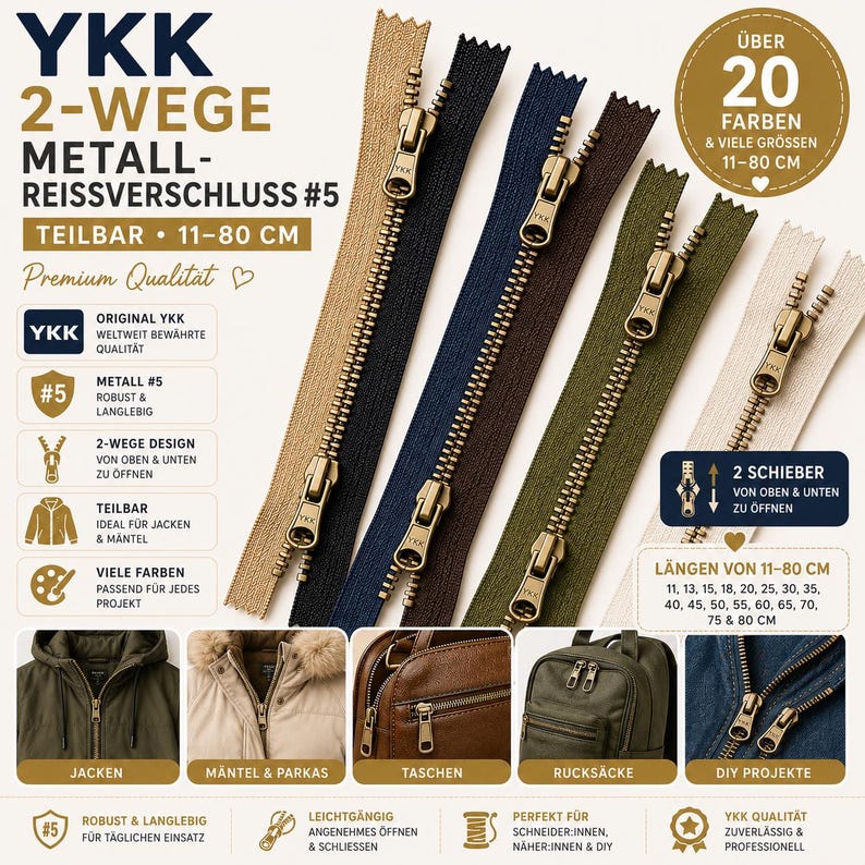 YKK 2-vägs metalldragkedja med separerande dragkedja #5 11-80 cm Original YKK för jackor, rockar, parkas, hoodies, olika färger bild 1