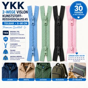Puede incluir: Cuatro cremalleras YKK de plástico Vislon de 2 vías en azul claro, verde claro, negro y rosa. Cada cremallera tiene dos deslizadores y está disponible en longitudes de 5 a 80 cm. La imagen incluye texto con especificaciones del producto.