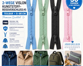 May include: Four YKK 2-way Vislon plastic zippers in light blue, light green, black, and pink. Each zipper features two sliders and is available in lengths from 5 to 80 inches. The image includes text detailing product specifications and uses.