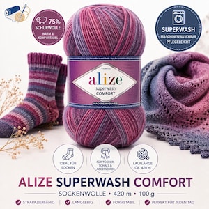 Alize Superwash Comfort | Sockenwolle 100g 420m | Superwash Schurwolle | Strickgarn Häkelgarn | Sockengarn | Wollgarn