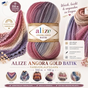 May include: A ball of Alize Angora Gold Batik yarn featuring a gradient of pink, purple, and cream colors. The label indicates 550 meters of length and a composition of 20 percent wool and 80 percent acrylic. The yarn is shown with knitted examples.