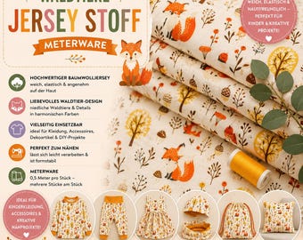 Tkanina jerseyowa z motywem zwierząt leśnych, sprzedawana na metry, bawełniana dzianina jersey z lisem, jeżem i jeleniem, tkanina dziecięca, elastyczna do ubrań i projektów DIY