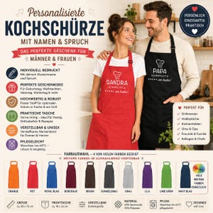 Könnte beinhalten: Eine rote Schürze mit dem Text 'BEI SANDRA SCHMECKT'S am besten!' und eine schwarze Schürze mit dem Text 'BEI PAPA SCHMECKT'S am besten!', beide mit Kochmützen-Symbol, verstellbarem Nackenband und Fronttasche, dargestellt mit Farbauswahl.