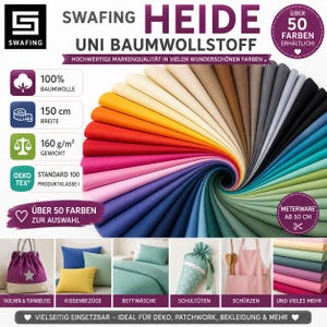 Può includere: Un ventaglio di tessuto di cotone Swafing Heide in oltre 50 colori, 100% cotone, larghezza 150 cm, peso 160 g/m2, certificato Oeko-Tex Standard 100. Esempi mostrano una borsa, cuscini, biancheria da letto, un cono e un grembiule.