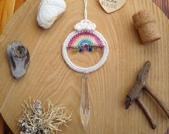Mini Cotton Crochet Rainbow Suncatcher, Boho Hanging with Vintage Glass Crystal, Pride Gift, Window Decor, Rainbow Lover Gift, Car Charm.