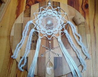 Vintage Cotton Lace Snowflake Dreamcatcher, Snow Suncatcher Wreath, Boho Home, Cottage Core Wall Hanging, Ready to Hang Winter Wall Art