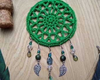 Gemstone Crochet Dreamcatcher, Crystal Suncatcher, Handmade Mandala, Car Charm, Boho Home Decor, Cottage Core Wall Art, Web of Life Hanging