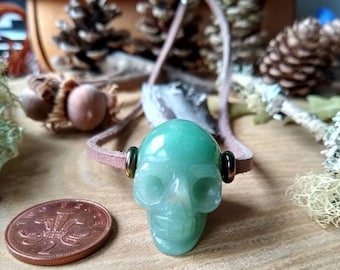 Solid Gemstone Skull Reclaimed Leather Choker, Crystal Stone Skull Necklace, Witchy Vibes, Gothic Jewellery, Pirate Cranium Stone Choker