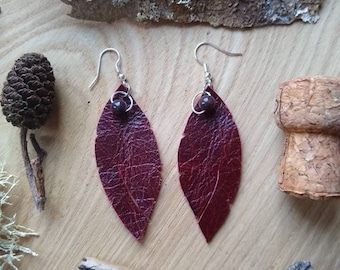 Genuine Leather Gemstone Earrings, Leaf Dangle Earrings, Eco Fairy Jewellery, Cottage Core Gift, Forest lover gift, Gift for her, Mom Gift