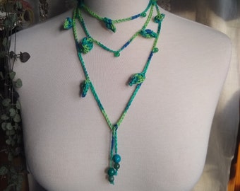 Gemstone Crochet Variegated Cotton Ivy Leaf Necklace, Adjustable Crystal Wrap For Neck/Head/Hat, Gift For Her, Nature Lover Gift, Mom Gift