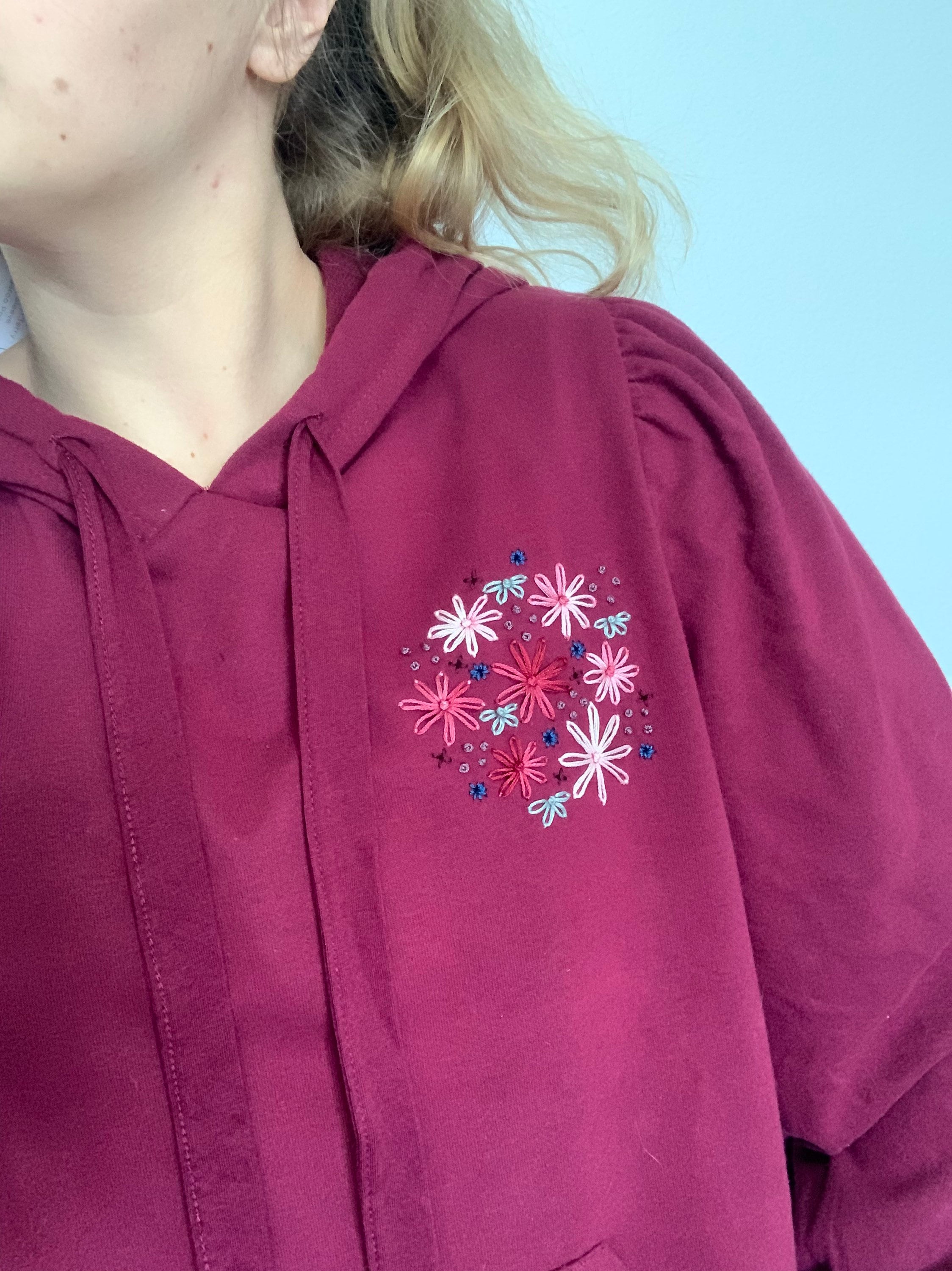 Hand Embroidered Puff Sleeve Hoodie Burgundy XL - Etsy