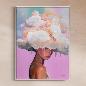 Surreal Woman Art Print: Abstract Cloud Head Painting, Pastel Portrait