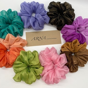 Chiffon Scrunchies. Shiny Coated Chiffon.Ponytail Holder. Hair elastic. Woman Or Girl Present. Hairstyle Idea.