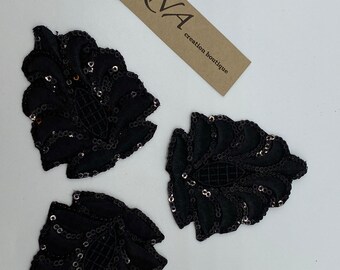 Black Iron-on Embroidered and Sequins Applique. Applique for Costumes, Gowns, Garments, Jewelers and Designs. Three pieces set