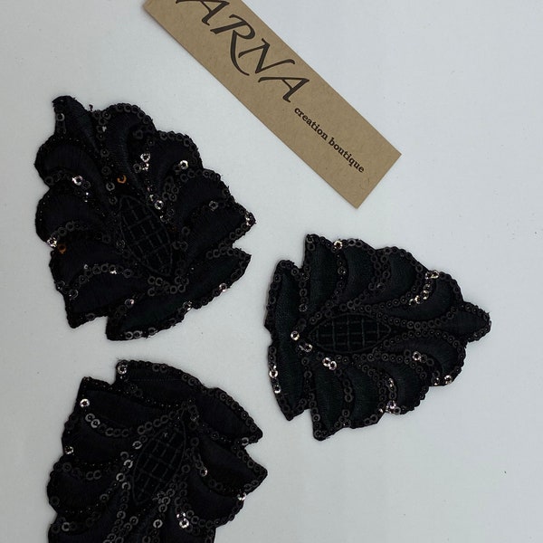 Black Iron-on Embroidered and Sequins Applique. Applique for Costumes, Gowns, Garments, Jewelers and Designs. Three pieces set