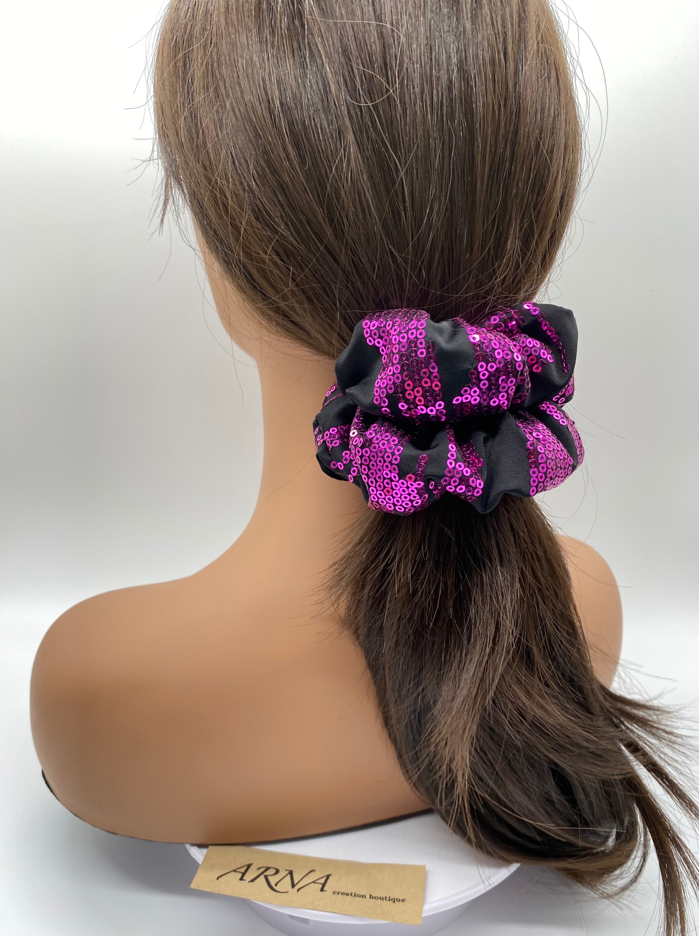 Women's Blue Chiffon Scrunchie – Big Hair Tie, Ponytail Holder, Elastic Bun Ring, Ruffle Accent