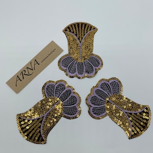 Gold, Lavender and Black Iron-on Embroidered and Sequins Applique. Applique for Costumes,Gowns,Garments, Jewelers and Designs.Two pieces set