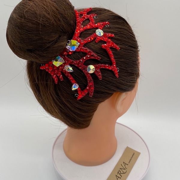Ballroom Rhinestones Hairpiece. Dance Hair Accessories. Hair Jewelry. Gymnastics Crown. Red Crystal AB Headpiece. Ice Skating Hairpiece.