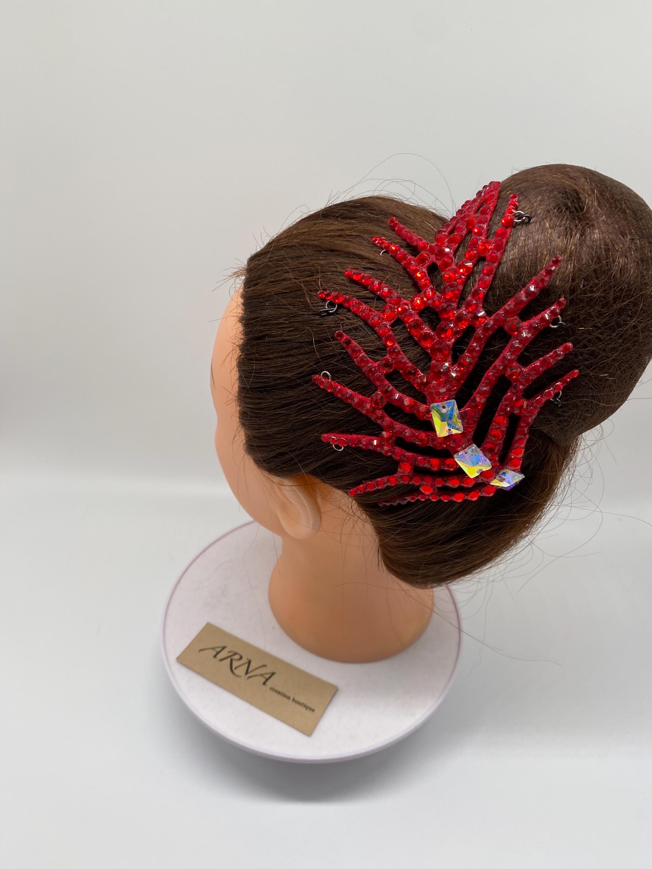 Ballroom Dance Costume Hair Jewelry w A/B Crystals Red Orange Green 3”x3” Rhinestone Ballroom Latin Dance Headpiece Hairpiece: AB  main image 4
