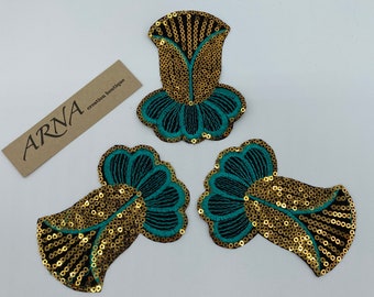 Gold, Green and Black Iron-on Embroidered and Sequins Applique.Applique for Costumes,Gowns,Garments, Jewelers and Designs.Three pieces set.