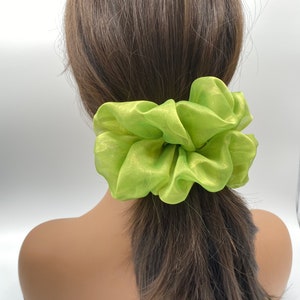 Green Chiffon Scrunchie. Large Scrunchie. Messy Bun Elastic. Ponytail Holder. Hair Accessories. Gift For Girl. Golden Coated Fabric.
