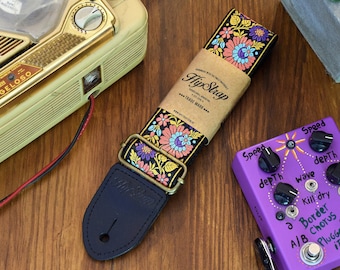 New Limited Edition HipStrap Summer of love vintage style guitar strap. Jacquard woven design, leather ends, metal hardware hippie woodstock