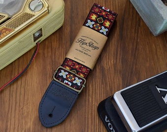 HipStrap Woodstock Red Jimi Hendrix Vintage style guitar strap, leather ends, jacquard woven and metal hardware. Handmade. Free Shipping.