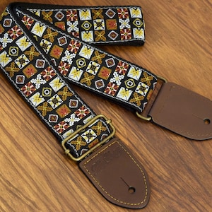 HipStrap Woodstock Jimi Hendrix Vintage style guitar strap, leather ends, jacquard woven and metal hardware. Handmade. Free Shipping.