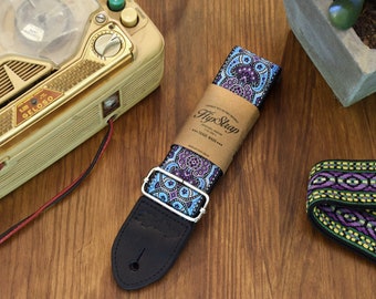 HipStrap Kashmir Turquoise Vintage style guitar strap, leather ends, jacquard woven and metal hardware. Handmade.Free Shipping strap